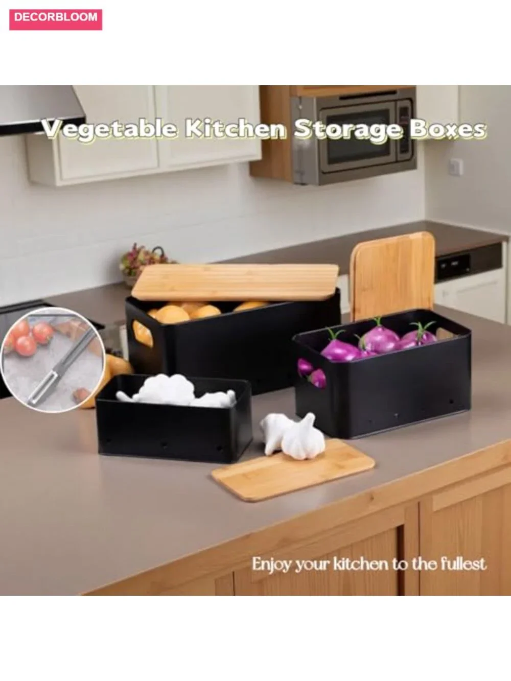 Modern Kitchen Storage Container Set of 3 Stackable Metal Boxes with Wooden